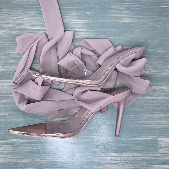 Public Desire Clear Nude Lace Up Pointed Gold Toe Stiletto Size 7 💗 - Picture 3 of 6